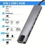 8 in 1 USB C Hub Type C to 4K HDTV Adapter with 100M RJ45 SDu002FTF Card Reader Fast Charger for MacBook Notebook Windows Laptop Computer - Image 4